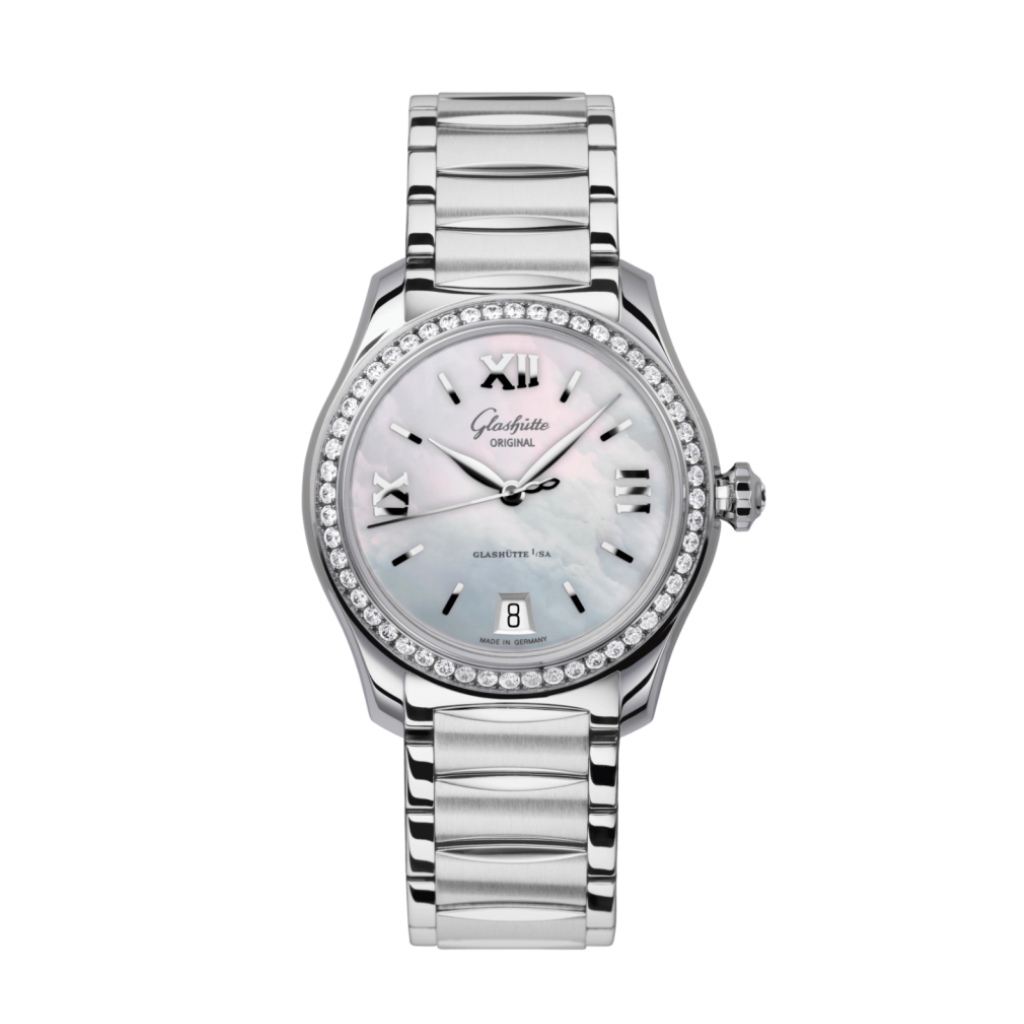 Glashuette Original Lady Serenade 36 mm Mother-Of-Pear Silver Dial Stainless Steel with Diamonds  Stainless Steel 1-39-22-08-22-34 - WATCHXNYC