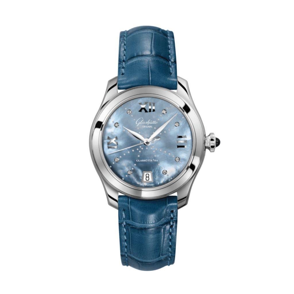 Glashuette Original Lady Serenade 36 mm Mother-Of-Pearl Blue Dial Stainless Steel Louisiana   Leather Strap 1-39-22-11-02-04 - WATCHXNYC