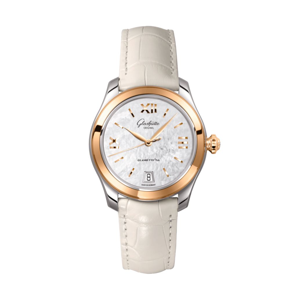 Glashuette Original Lady Serenade 36 mm Mother-Of-Pearl Silver Dial Bicolor Louisiana   Leather Strap 1-39-22-09-06-04 - WATCHXNYC