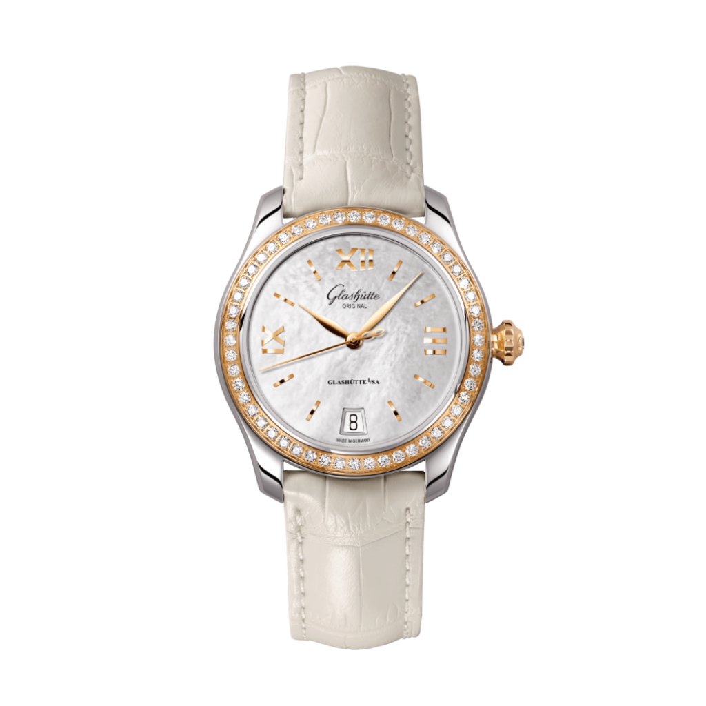 Glashuette Original Lady Serenade 36 mm Mother-Of-Pearl Silver Dial Bicolor Louisiana   Leather Strap 1-39-22-09-16-04 - WATCHXNYC