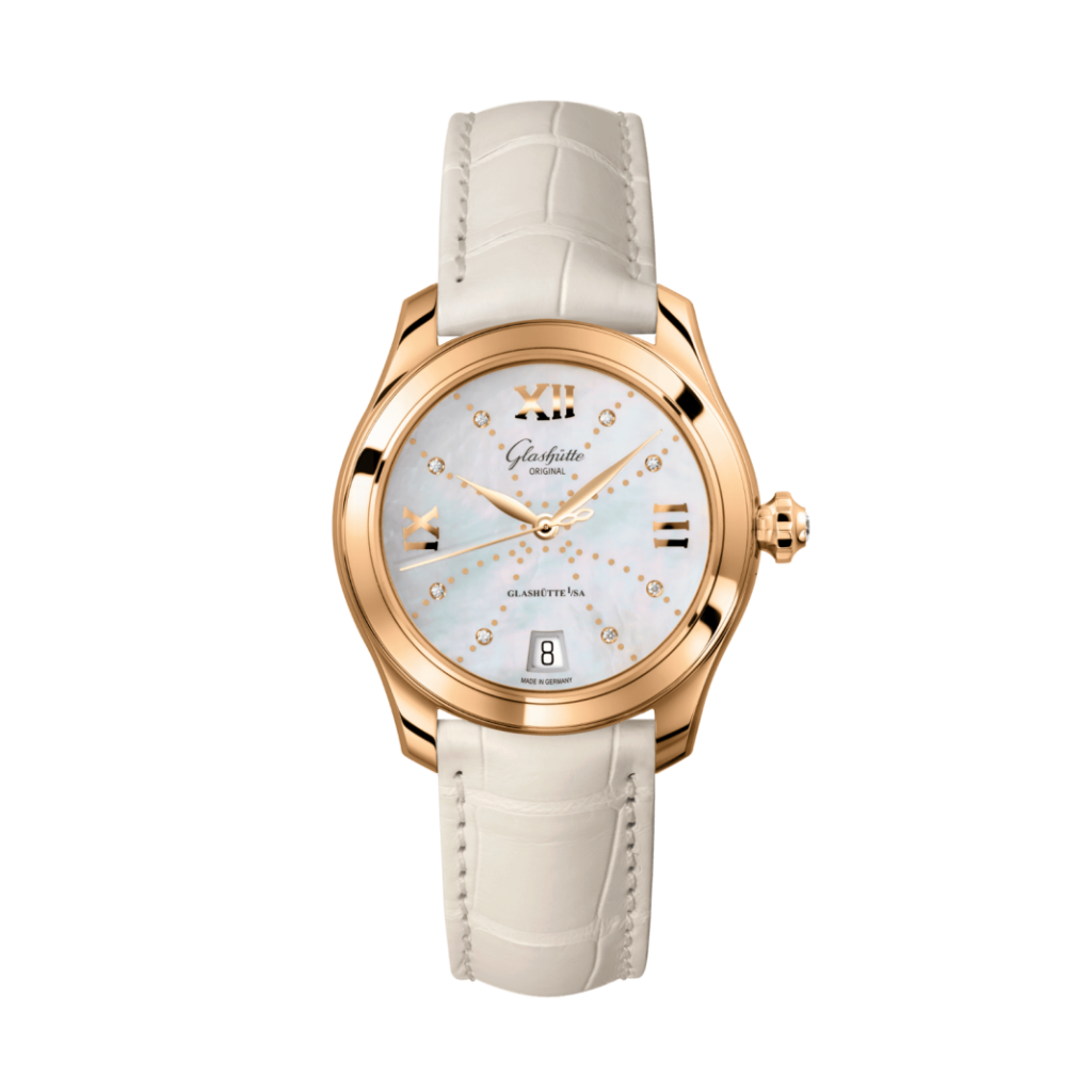 Glashuette Original Lady Serenade 36 mm Mother-Of-Pearl White Dial 18k Rose Gold Louisiana   leather strap 1-39-22-12-01-04 - WATCHXNYC
