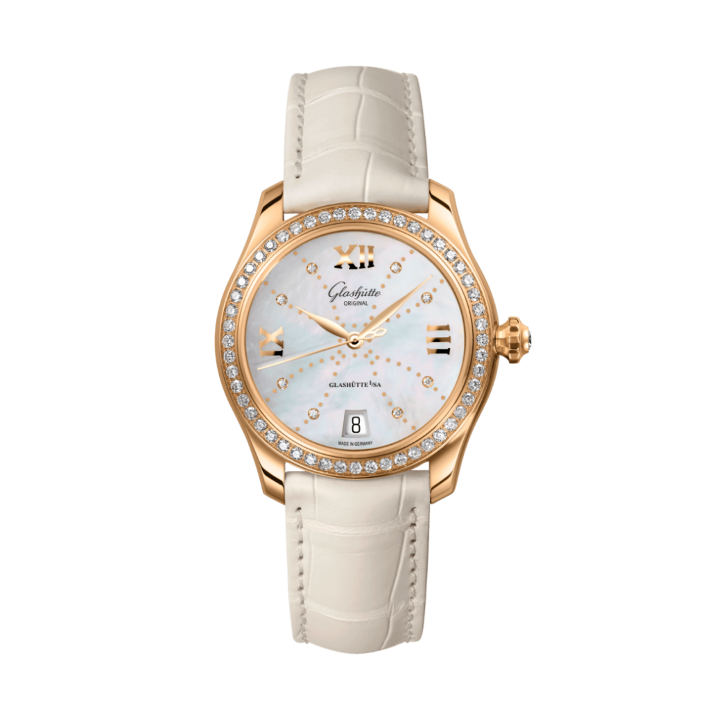 Glashuette Original Lady Serenade 36 mm Mother-Of-Pearl White Dial 18k Rose Gold Louisiana   Leather Strap 1-39-22-12-11-04 - WATCHXNYC