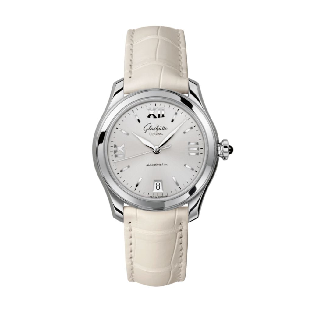 Glashuette Original Lady Serenade 36 mm Silver Galvanized Dial Stainless Steel Louisiana   Leather Strap 1-39-22-02-02-04 - WATCHXNYC