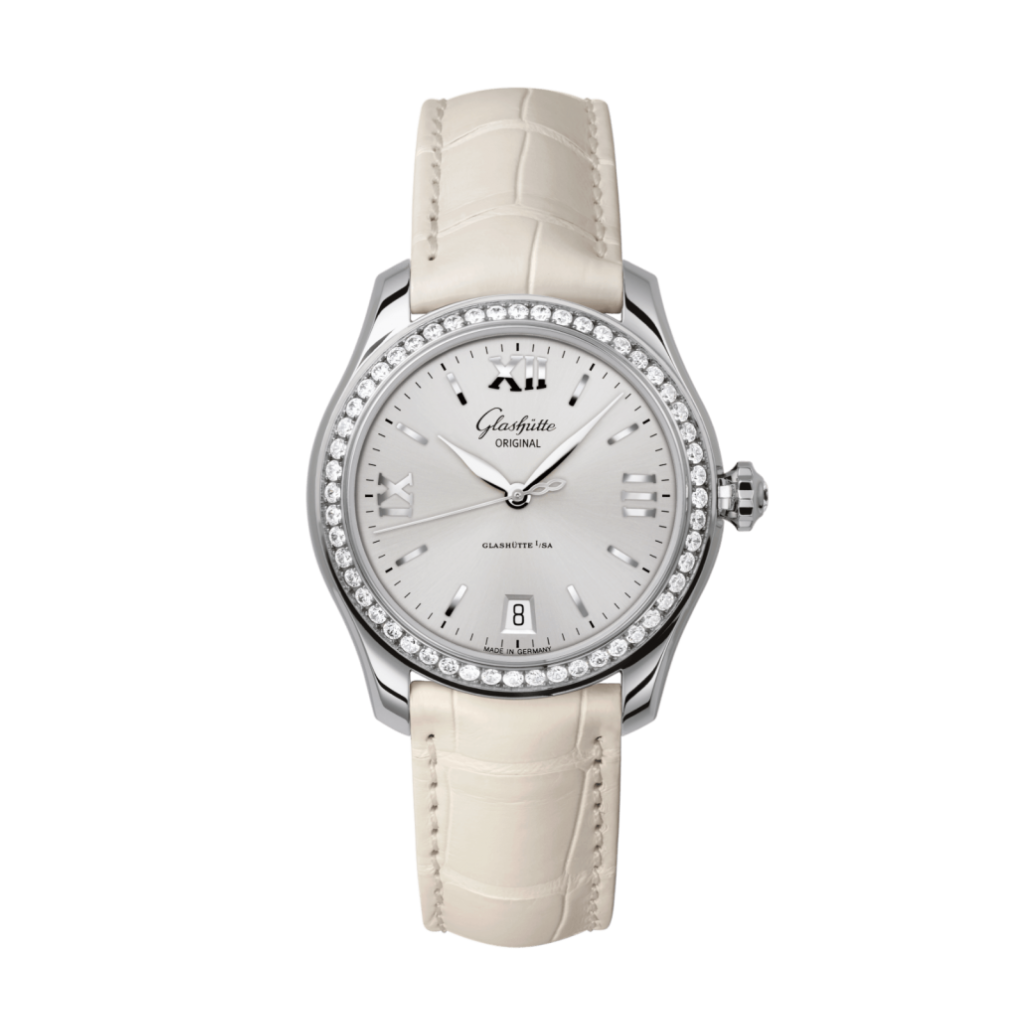 Glashuette Original Lady Serenade 36 mm Silver Galvanized Dial Stainless Steel with Diamonds  Louisiana   Leather Strap 1-39-22-02-22-04 - WATCHXNYC