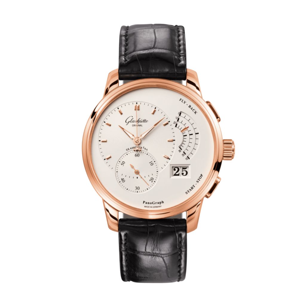 Glashuette Original Pano Graph 40 mm Silver  Dial Red Gold Louisiana   Leather Strap, Black 1-61-03-25-15-04 - WATCHXNYC