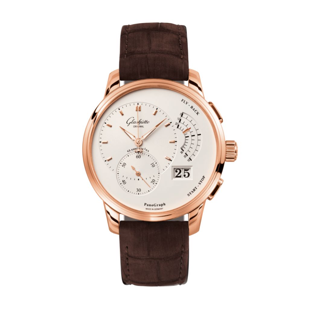 Glashuette Original Pano Graph 40 mm Silver  Dial Red Gold Louisiana   Nubuk Leather Strap, Brown 1-61-03-25-15-05 - WATCHXNYC
