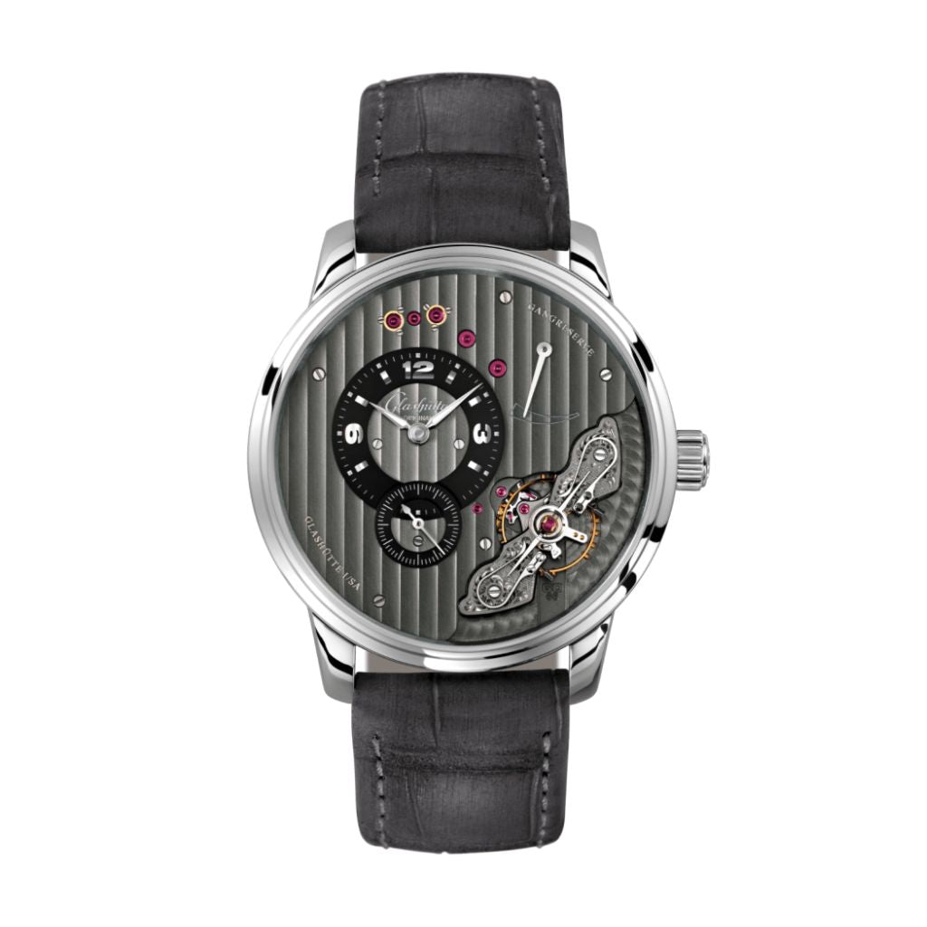 Glashuette Original Pano Inverse 42 mm Galvanized Black Dial Stainless Steel Louisiana   Nubuk Leather Strap, Grey 1-66-06-04-22-62 - WATCHXNYC