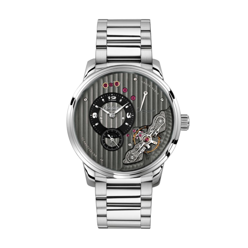 Glashuette Original Pano Inverse 42 mm Galvanized Black Dial Stainless Steel Metal Bracelet 1-66-06-04-22-71 - WATCHXNYC