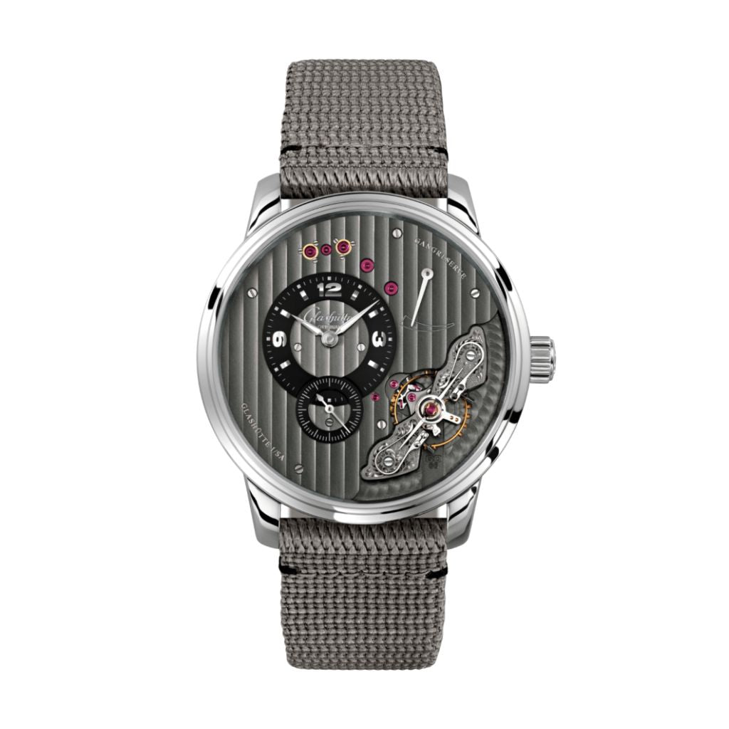 Glashuette Original Pano Inverse 42 mm Galvanized Black Dial Stainless Steel Synthetic, Grey 1-66-06-04-22-66 - WATCHXNYC