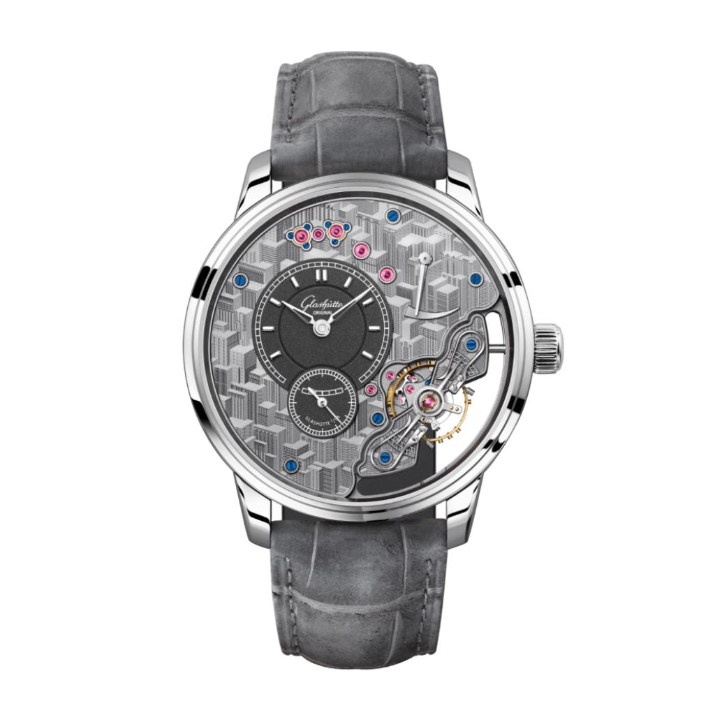 Glashuette Original Pano Inverse 42 mm Grey Dial Platinum Louisiana   Nubuk Leather Strap, Grey 1-66-12-01-03-62 - WATCHXNYC