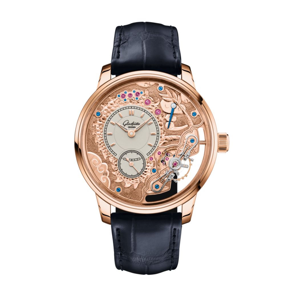 Glashuette Original Pano Inverse 42 mm Varnish Silver-Grainé Dial Red Gold Louisiana   Leather Strap, Blue 1-66-13-01-05-61 - WATCHXNYC