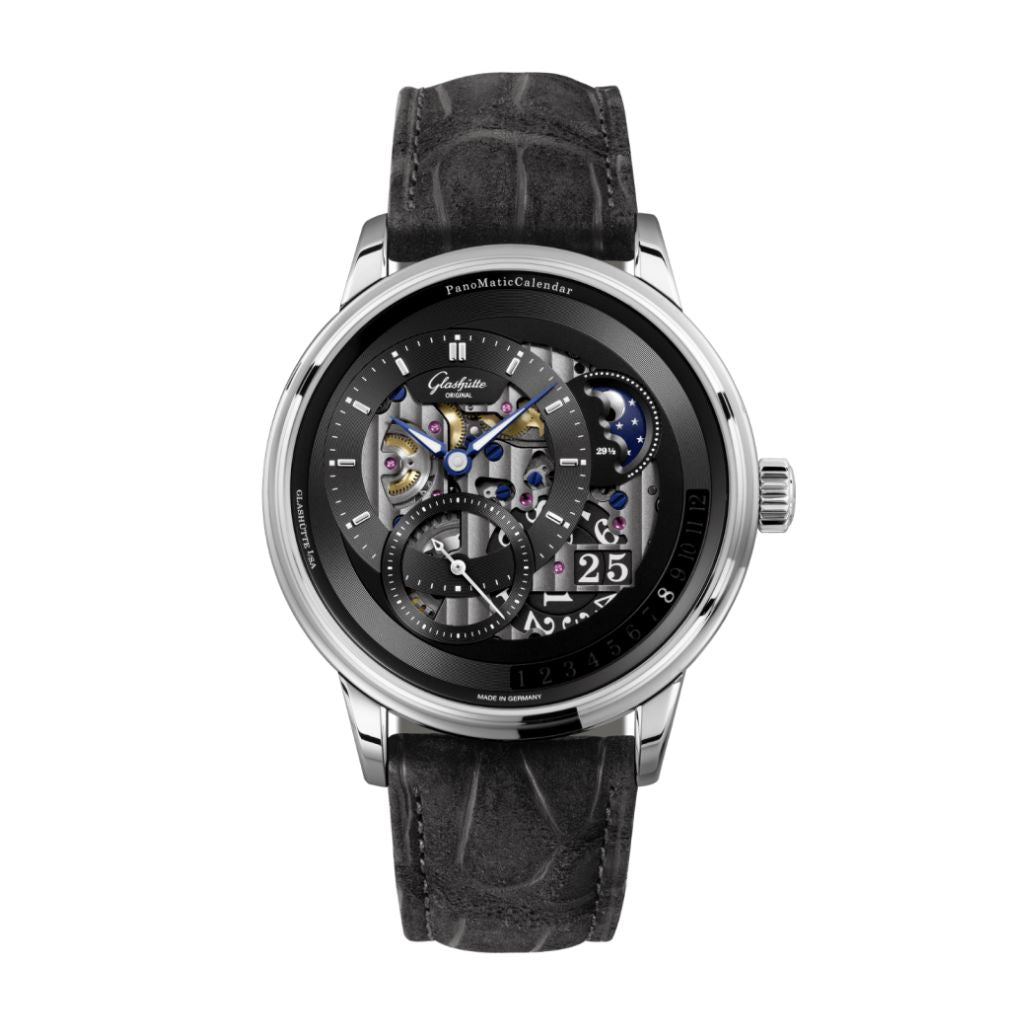 Glashuette Original Pano Matic Calendar 42 mm Black Dial Platinum Louisiana   Nubuk Leather Strap, Black 1-92-10-01-03-62 - WATCHXNYC