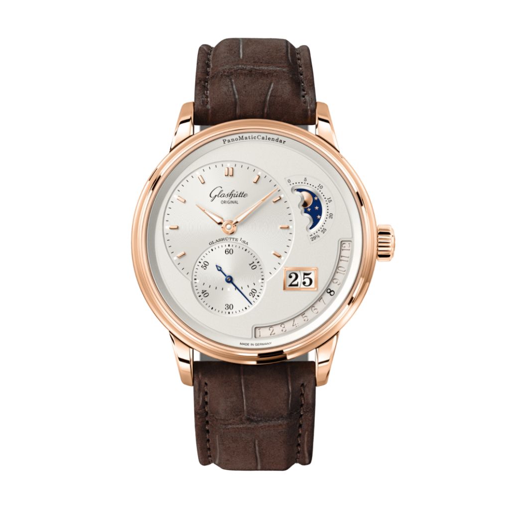 Glashuette Original Pano Matic Calendar 42 mm Silver  Dial Red Gold Louisiana   Nubuk Leather Strap, Brown 1-92-09-02-05-62 - WATCHXNYC