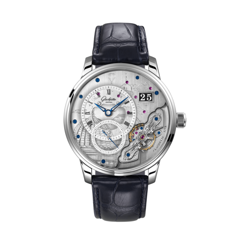 Glashuette Original Pano Matic Inverse 42 mm Grey  Dial Platinum Louisiana   Leather Strap, Blue 1-91-03-01-03-61 - WATCHXNYC