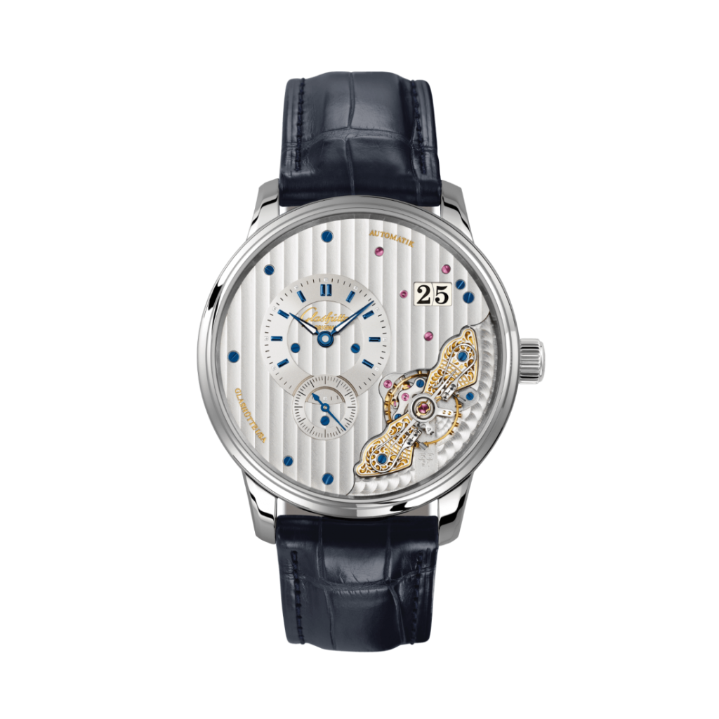 Glashuette Original Pano Matic Inverse 42 mm Silver Dial Stainless Steel Louisiana   Leather Strap, Blue 1-91-02-02-02-61 - WATCHXNYC