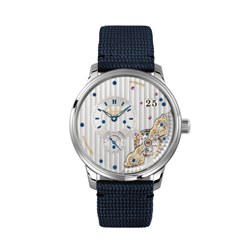 Glashuette Original Pano Matic Inverse 42 mm Silver Dial Stainless Steel Synthetic, Blue Strap 1-91-02-02-02-64 - WATCHXNYC