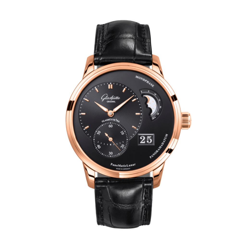 Glashuette Original Pano Matic Lunar 40 mm Black Dial Red Gold Louisiana   Leather Strap, Black 1-90-02-49-35-61 - WATCHXNYC