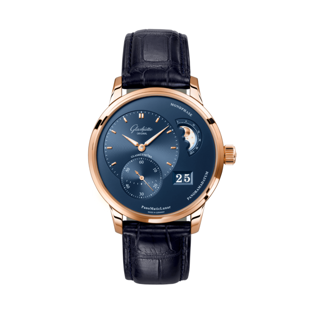 Glashuette Original Pano Matic Lunar 40 mm Blue Dial Red Gold Louisiana   Leather Strap, Blue 1-90-02-11-35-61 - WATCHXNYC