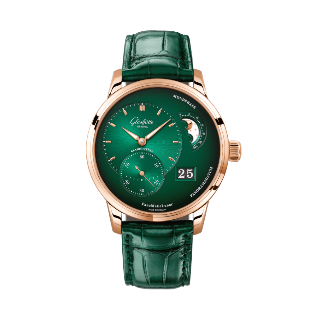 Glashuette Original Pano Matic Lunar 40 mm Green Dial Red Gold Louisiana   Leather Strap, Green 1-90-02-23-35-61 - WATCHXNYC