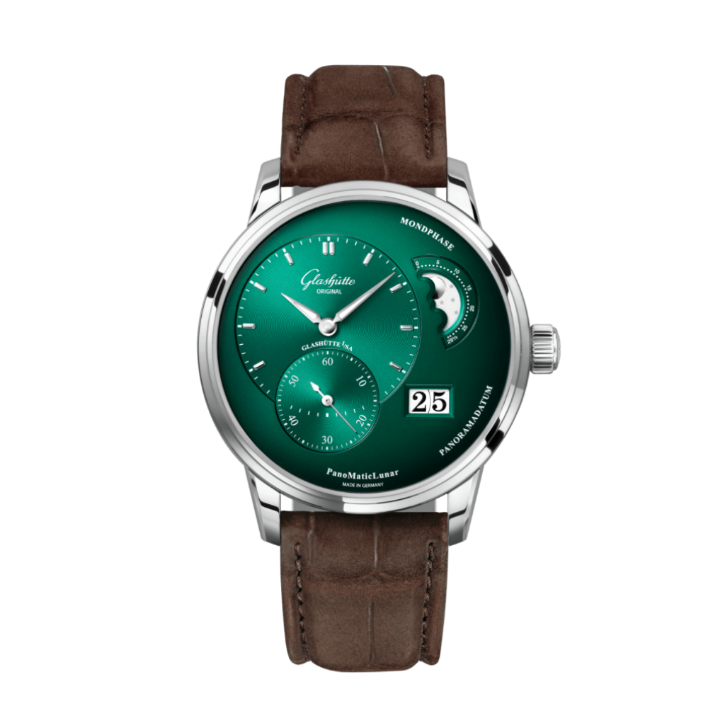 Glashuette Original Pano Matic Lunar 40 mm Green Dial Stainless Steel Louisiana   Nubuk Leather Strap, Brown 1-90-02-13-32-62 - WATCHXNYC