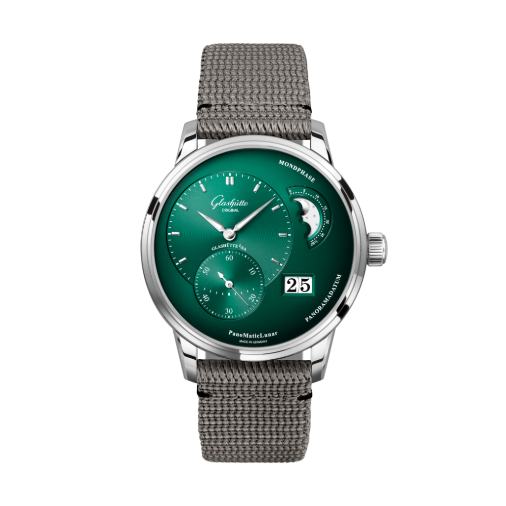 Glashuette Original Pano Matic Lunar 40 mm Green Dial Stainless Steel Synthetic, Grey Strap 1-90-02-13-32-66 - WATCHXNYC