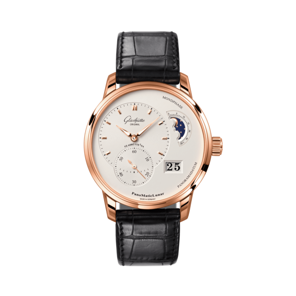 Glashuette Original Pano Matic Lunar 40 mm Silver  Dial Red Gold Louisiana   Leather Strap, Black 1-90-02-45-35-61 - WATCHXNYC