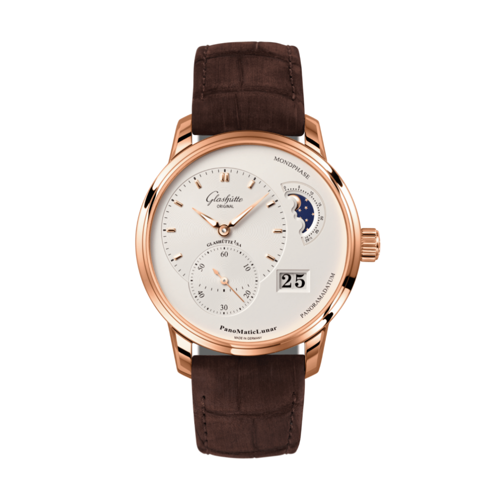 Glashuette Original Pano Matic Lunar 40 mm Silver  Dial Red Gold Louisiana   Nubuk Leather Strap, Brown 1-90-02-45-35-62 - WATCHXNYC