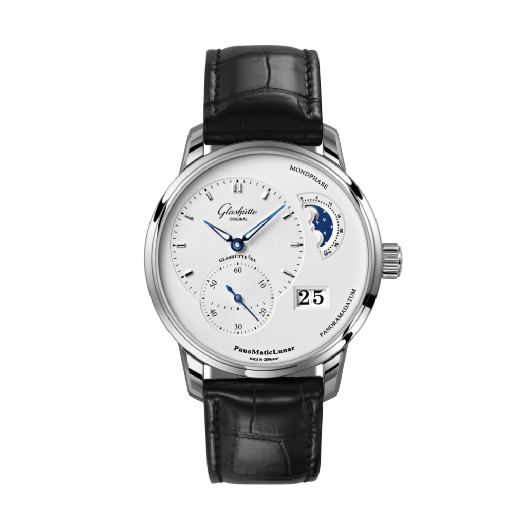 Glashuette Original Pano Matic Lunar 40 mm Silver  Dial Stainless Steel Louisiana   Leather Strap, Black 1-90-02-42-32-61 - WATCHXNYC