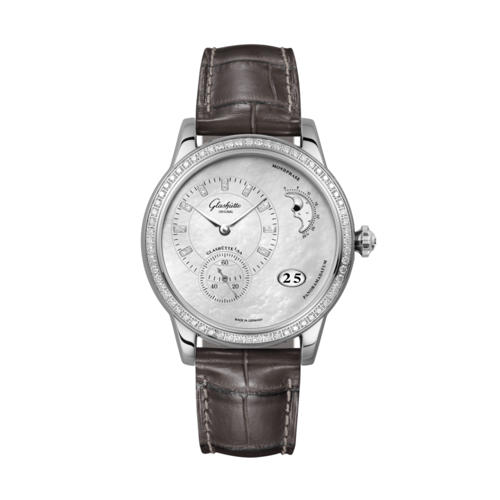 Glashuette Original Panomatic Luna 39.4 mm Mother-Of-Pearl Light Grey Dial Stainless Steel Louisiana   Leather Strap 1-90-12-01-12-02 - WATCHXNYC