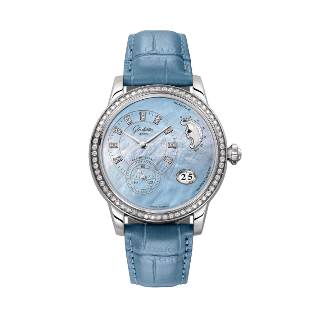 Glashuette Original Panomatic Luna 39.40 mm Mother-Of-Pearl Blue Dial Stainless Steel Louisiana   Leather Strap 1-90-12-03-12-02 - WATCHXNYC