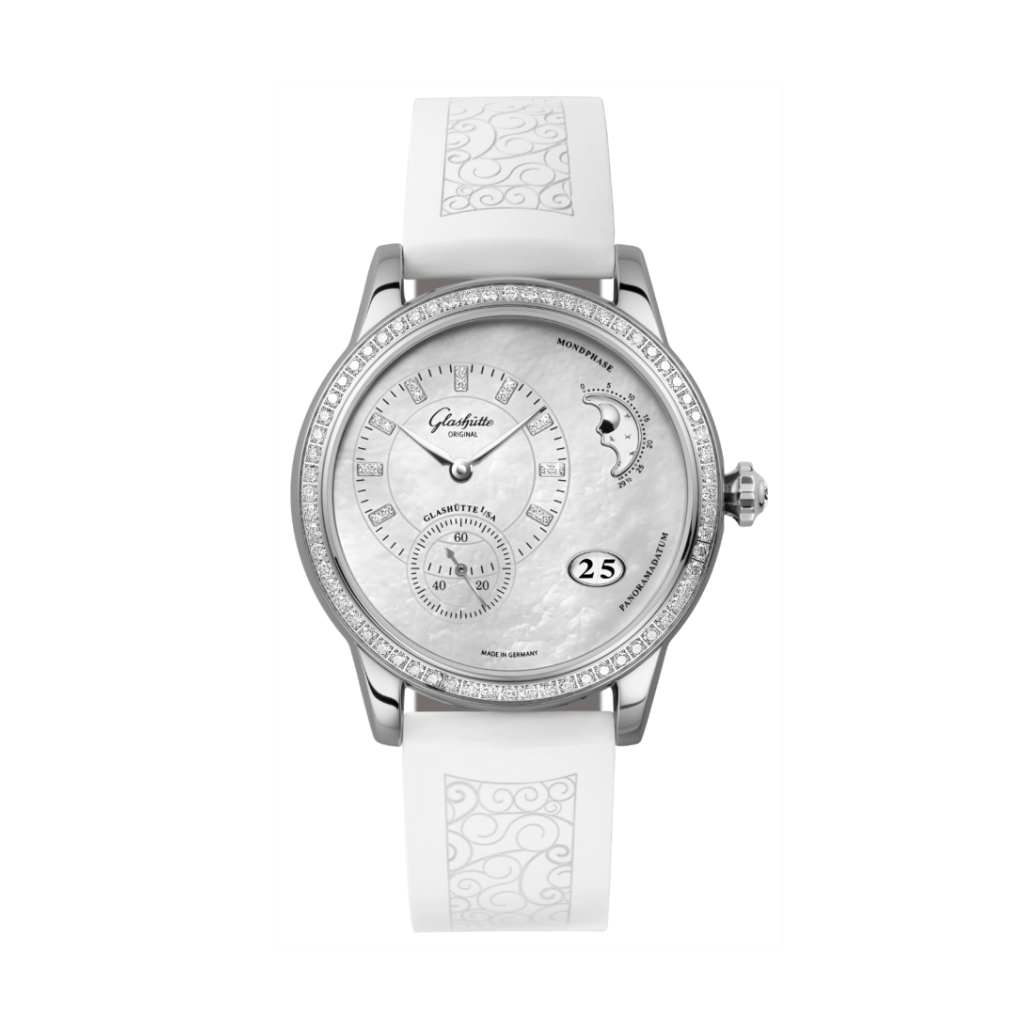 Glashuette Original Panomatic Luna 39.40 mm Mother-Of-Pearl Light Grey Dial Stainless Steel Rubber With Embossing 1-90-12-01-12-04 - WATCHXNYC