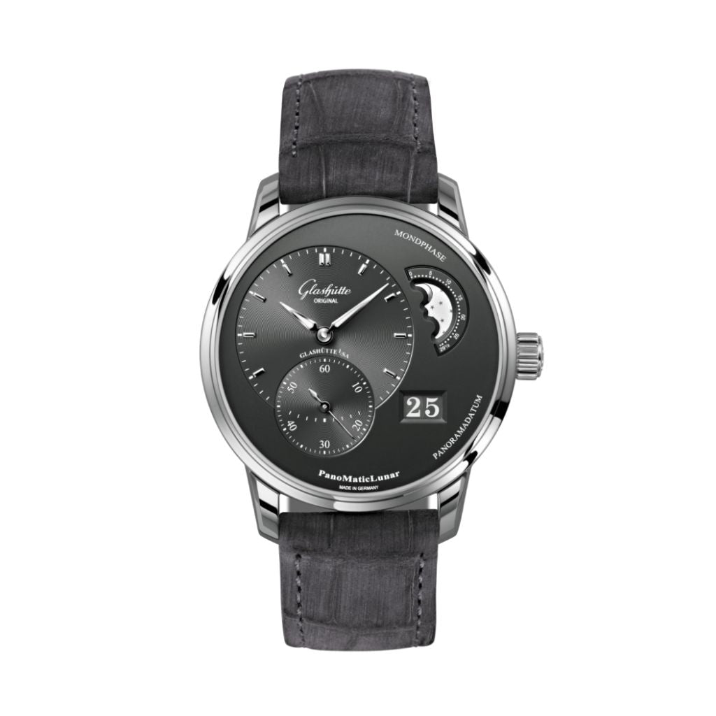 Glashuette Original PanoMaticLunar 40 mm Galvanized Ruthenium Dial Stainless Steel Louisiana   Nubuk Leather Strap 1-90-02-43-32-62 - WATCHXNYC