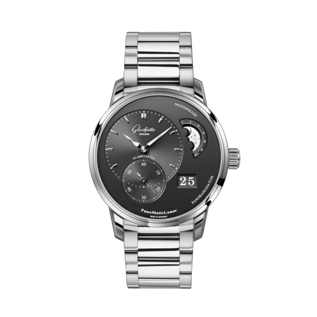 Glashuette Original PanoMaticLunar 40 mm Galvanized Ruthenium Dial Stainless Steel Stainless Steel 1-90-02-43-32-71 - WATCHXNYC