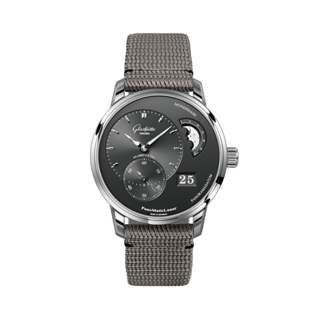 Glashuette Original PanoMaticLunar 40 mm Galvanized Ruthenium Dial Stainless Steel Synthetic 1-90-02-43-32-66 - WATCHXNYC