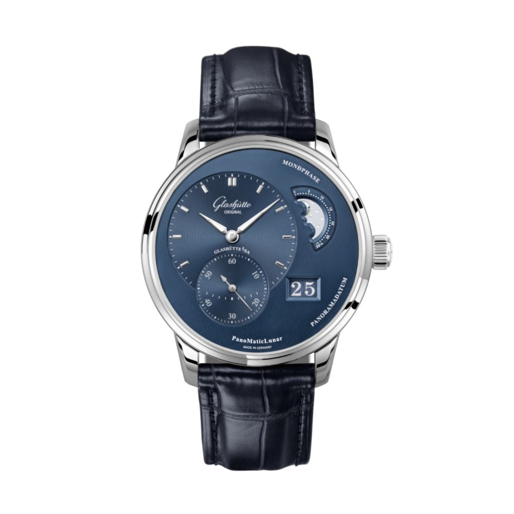 Glashuette Original PanoMaticLunar 40 mm Radiant Blue Dial Stainless Steel Louisiana   Leather Strap 1-90-02-46-32-61 - WATCHXNYC