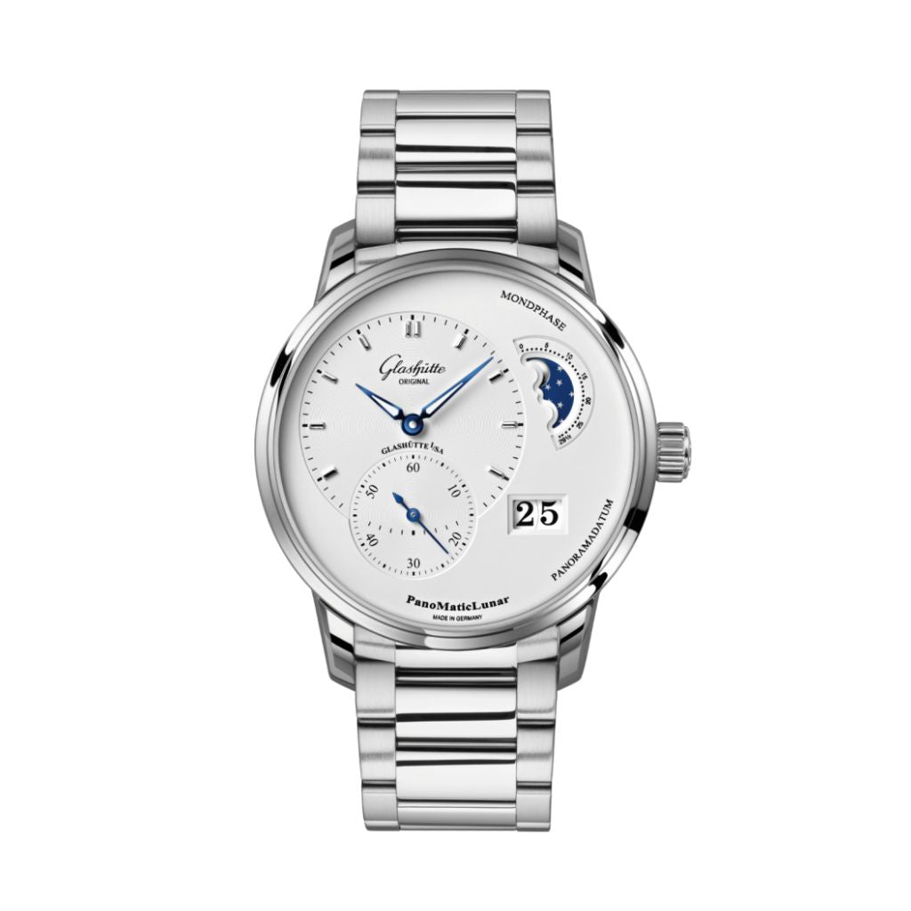Glashuette Original Panomaticlunar 40 mm Silver Galvanized Dial Stainless Steel Stainless Steel 1-90-02-42-32-71 - WATCHXNYC