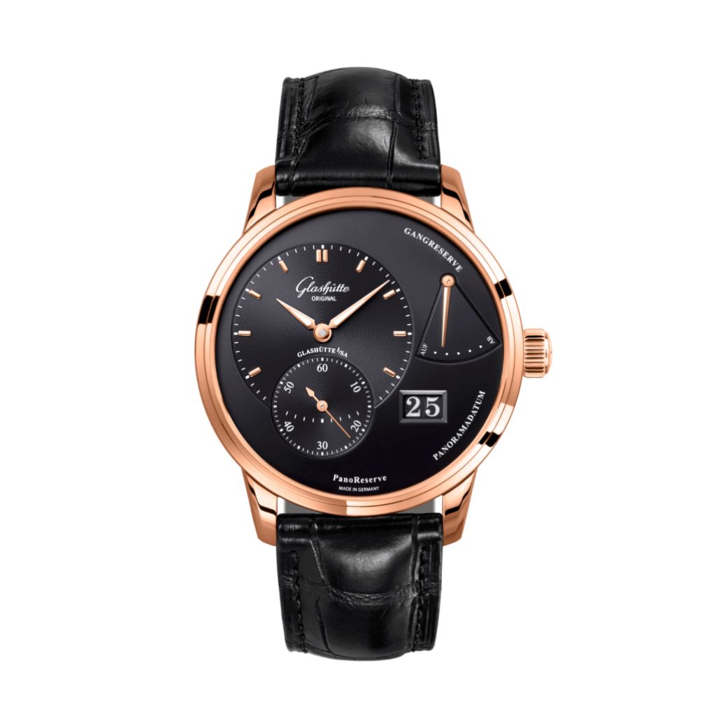 Glashuette Original PanoReserve 40 mm Galvanized Black Dial Red Gold Louisiana   Nubuk Leather Strap 1-65-01-29-15-61 - WATCHXNYC