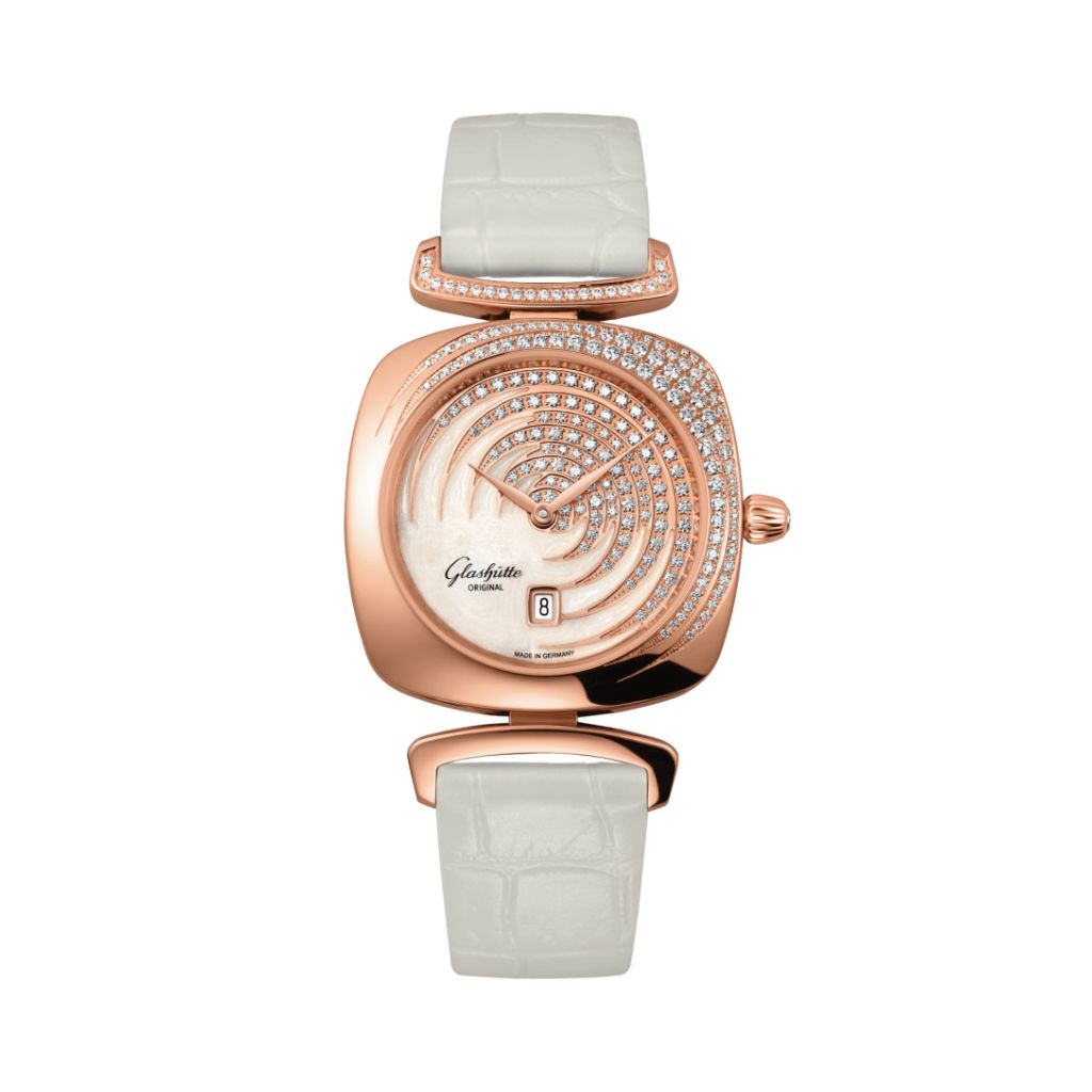 Glashuette Original Pavonina 31 mm Cold Enamal White Dial Red Gold Louisiana   Leather Strap 1-03-01-03-15-34 - WATCHXNYC