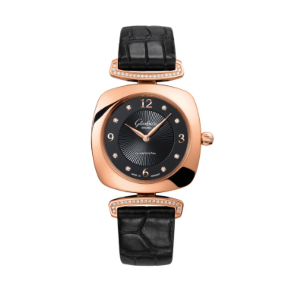 Glashuette Original Pavonina 31 mm Galvanized Black Dial 18k Rose Gold Louisiana   Leather Strap 1-03-02-09-05-30 - WATCHXNYC
