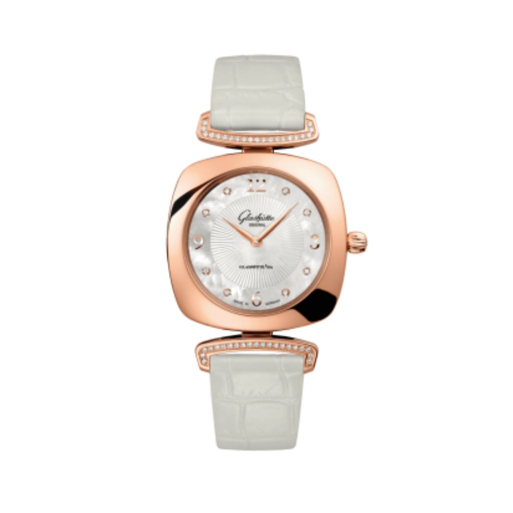 Glashuette Original Pavonina 31 mm Mother-Of-Pearl White Dial Red Gold Louisiana   Leather Strap 1-03-02-04-05-30 - WATCHXNYC