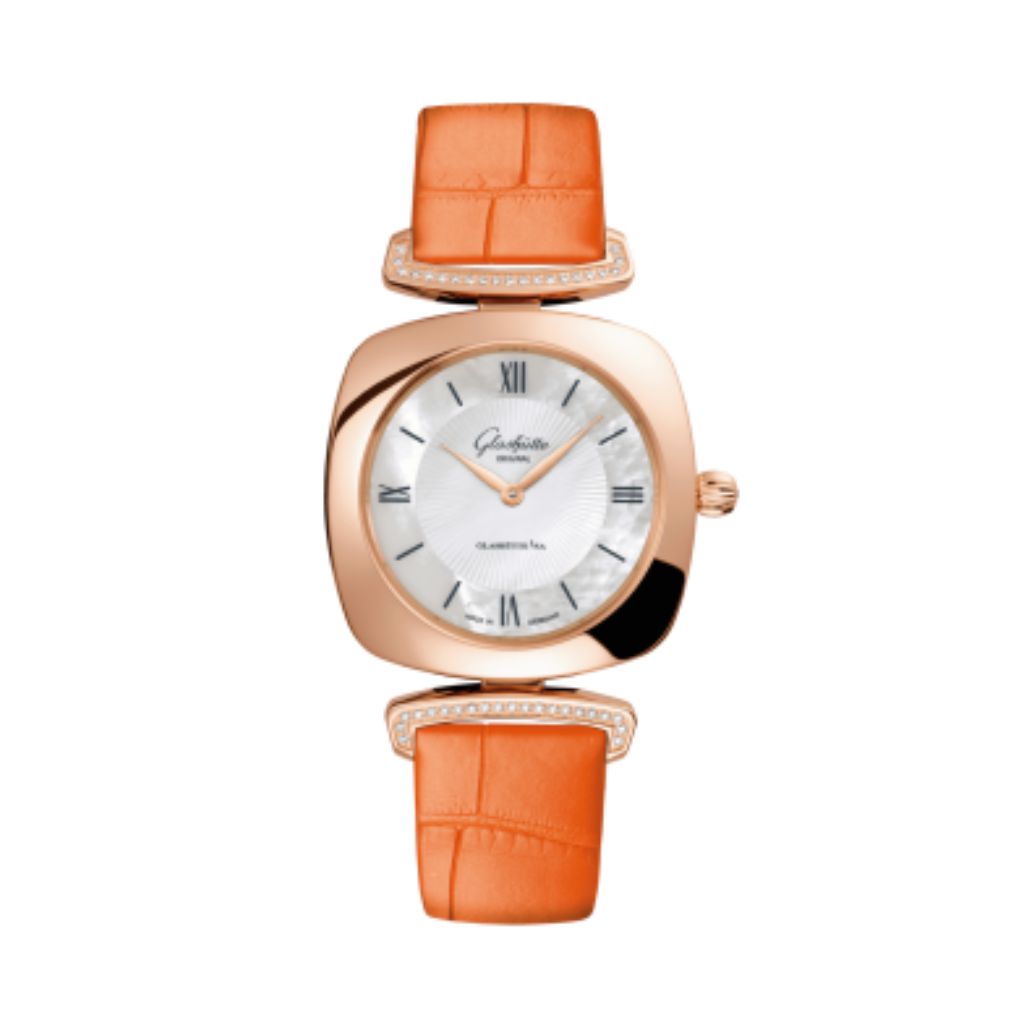 Glashuette Original Pavonina 31 mm Mother-Of-Pearl White Dial Red Gold Louisiana   Leather Strap 1-03-02-05-05-31 - WATCHXNYC