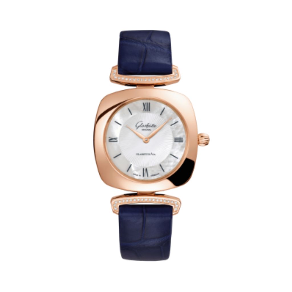 Glashuette Original Pavonina 31 mm Mother-Of-Pearl White With Diamonds Dial Red Gold Louisiana   Leather Strap 1-03-02-05-05-30 - WATCHXNYC