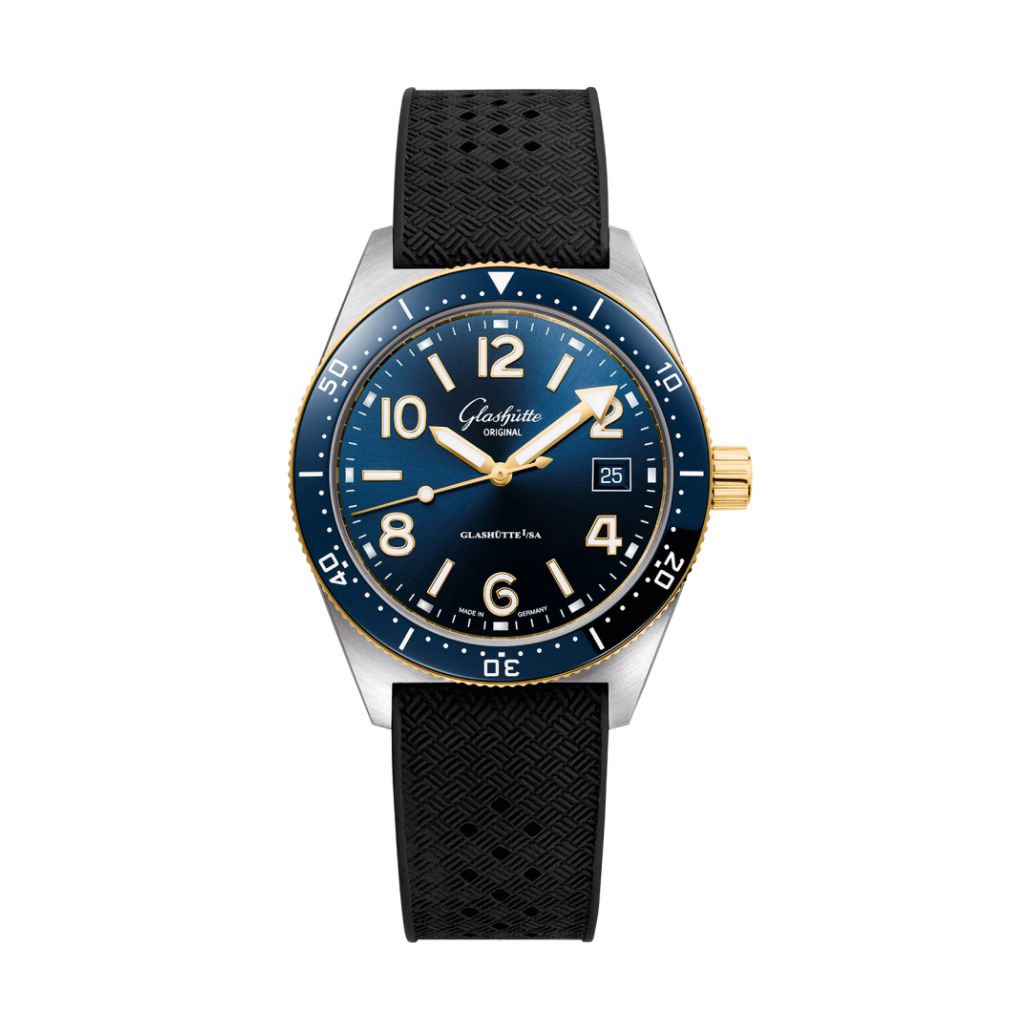 Glashuette Original SeaQ 39.50 mm Blue Dial Stainless Steel and 18k Yellow Gold Rubber Strap, Black 1-39-11-10-90-33 - WATCHXNYC