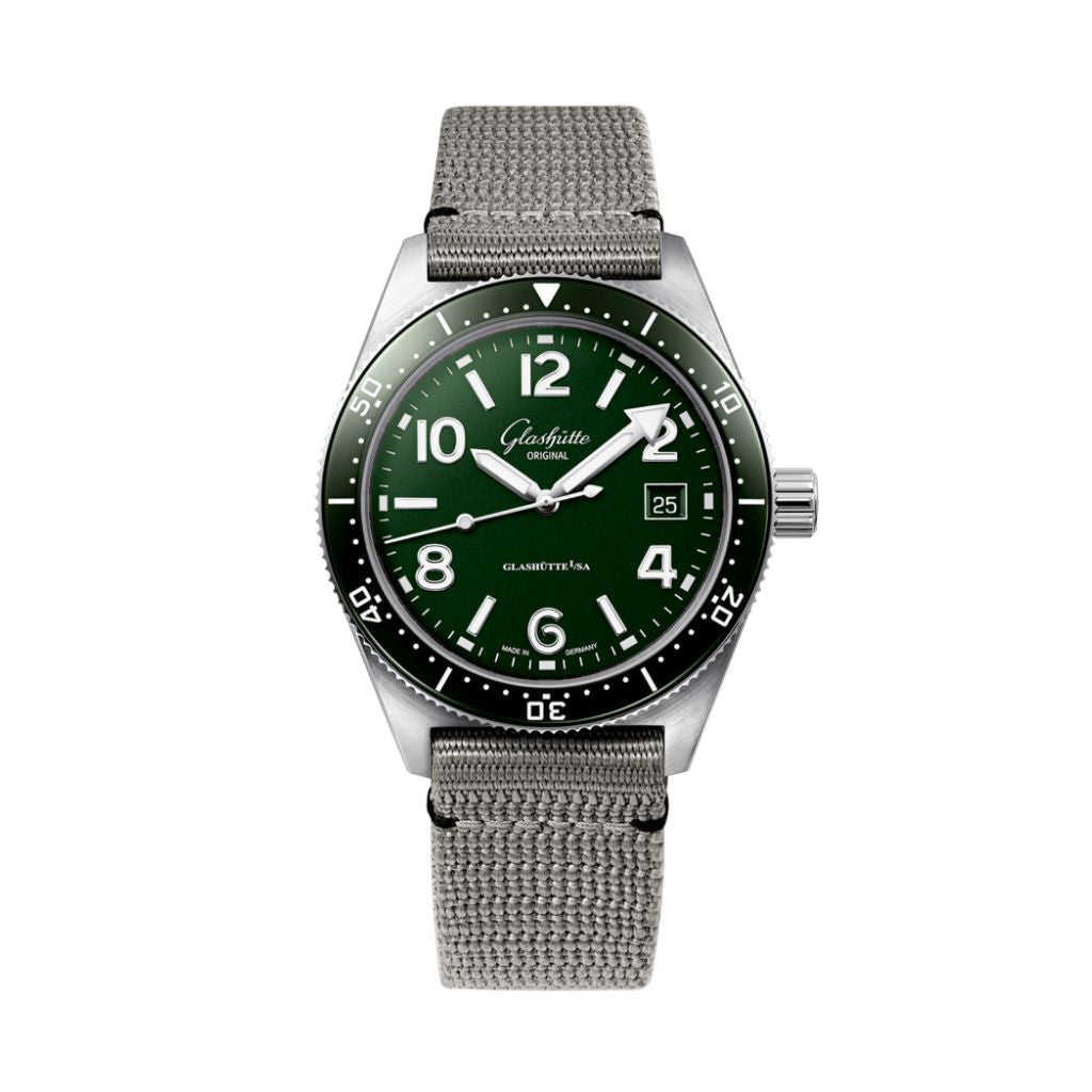 Glashuette Original SeaQ 39.50 mm Green Dial Stainless Steel Synthetic Strap, Grey 1-39-11-13-83-34 - WATCHXNYC