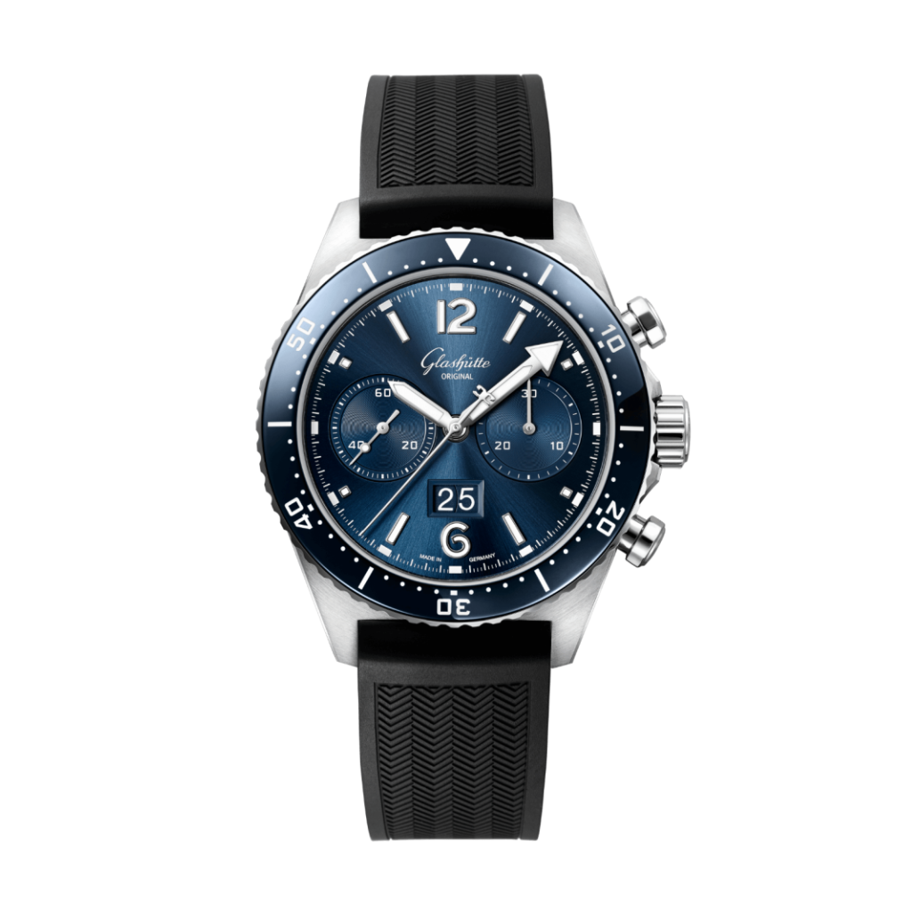 Glashuette Original SeaQ Chronograph 43.20 mm Blue Dial Stainless Steel Rubber Strap, Black 1-37-23-02-81-33 - WATCHXNYC