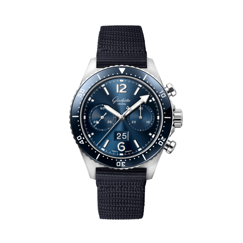 Cronógrafo Glashuette Original SeaQ de 43,20 mm con esfera azul y correa de acero inoxidable sintética, color azul 1-37-23-02-81-36 
