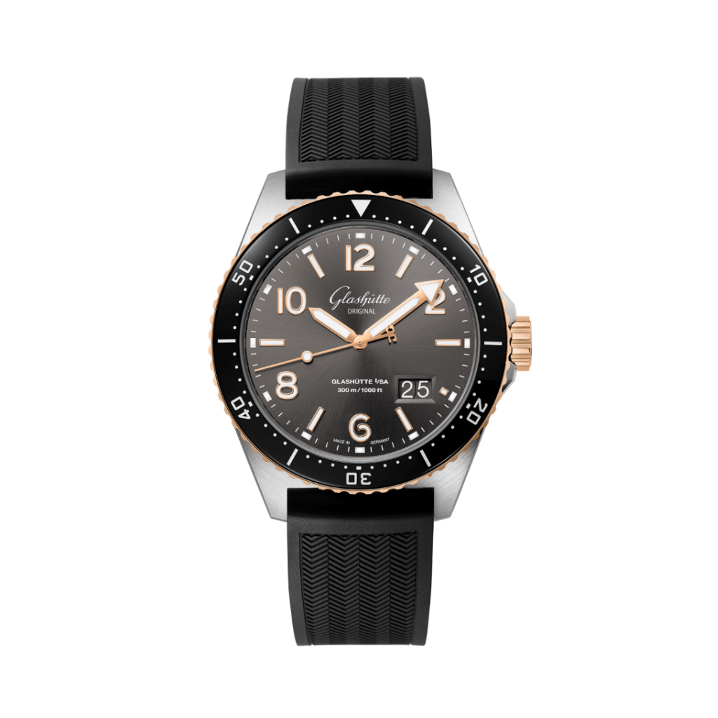 Glashuette Original SeaQ Panorama Date 43.20 mm Black Dial Red Gold and Stainless Steel Rubber Strap, Black 1-36-13-04-91-33 - WATCHXNYC