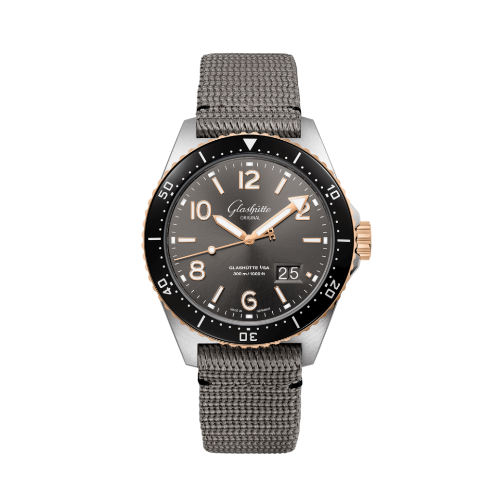 Glashuette Original SeaQ Panorama Date 43.20 mm Black Dial Red Gold and Stainless Steel Synthetic Strap, Grey 1-36-13-04-91-34 - WATCHXNYC