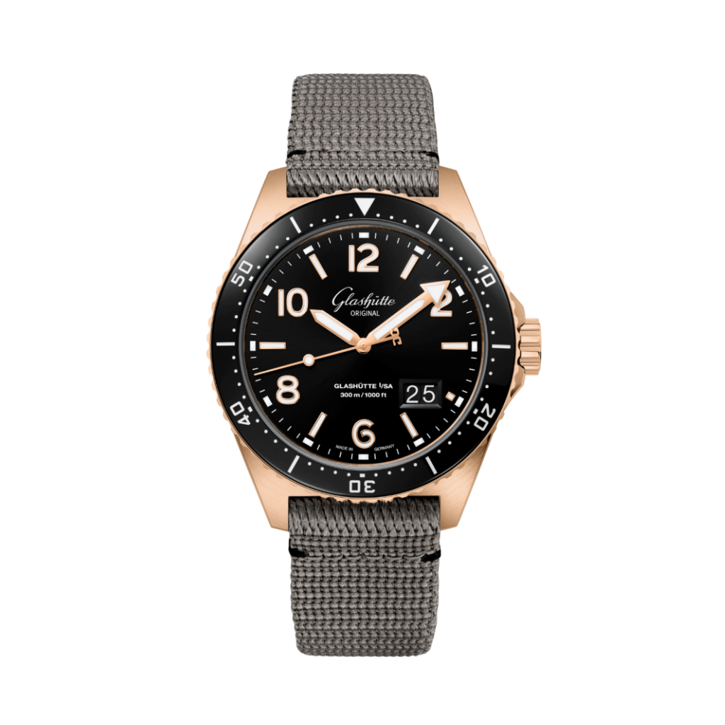 Glashuette Original SeaQ Panorama Date 43.20 mm Black Dial Red Gold Synthetic Strap, Grey 1-36-13-03-90-34 - WATCHXNYC