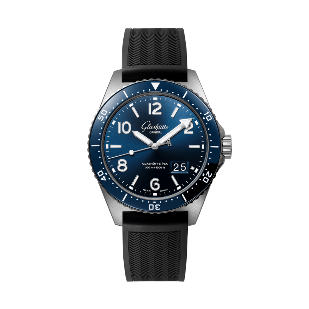 Glashuette Original SeaQ Panorama Date 43.20 mm Blue Dial Stainless Steel Rubber Strap, Black 1-36-13-02-81-33 - WATCHXNYC